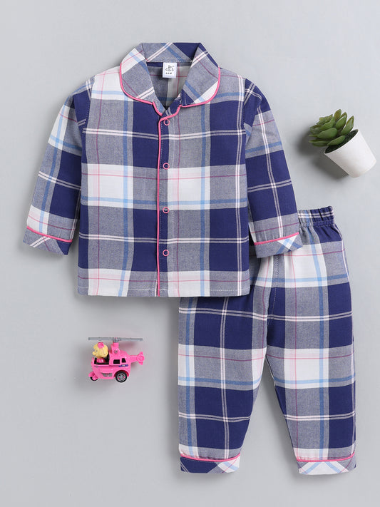 Blue Checked Cotton Full Sleeve Night Suit