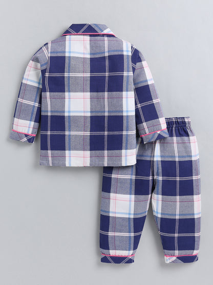 Blue Checked Cotton Full Sleeve Night Suit