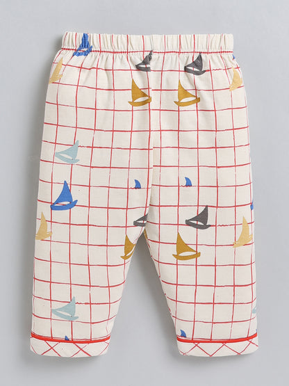 Cream Checked Cotton Full Sleeve Night Suit