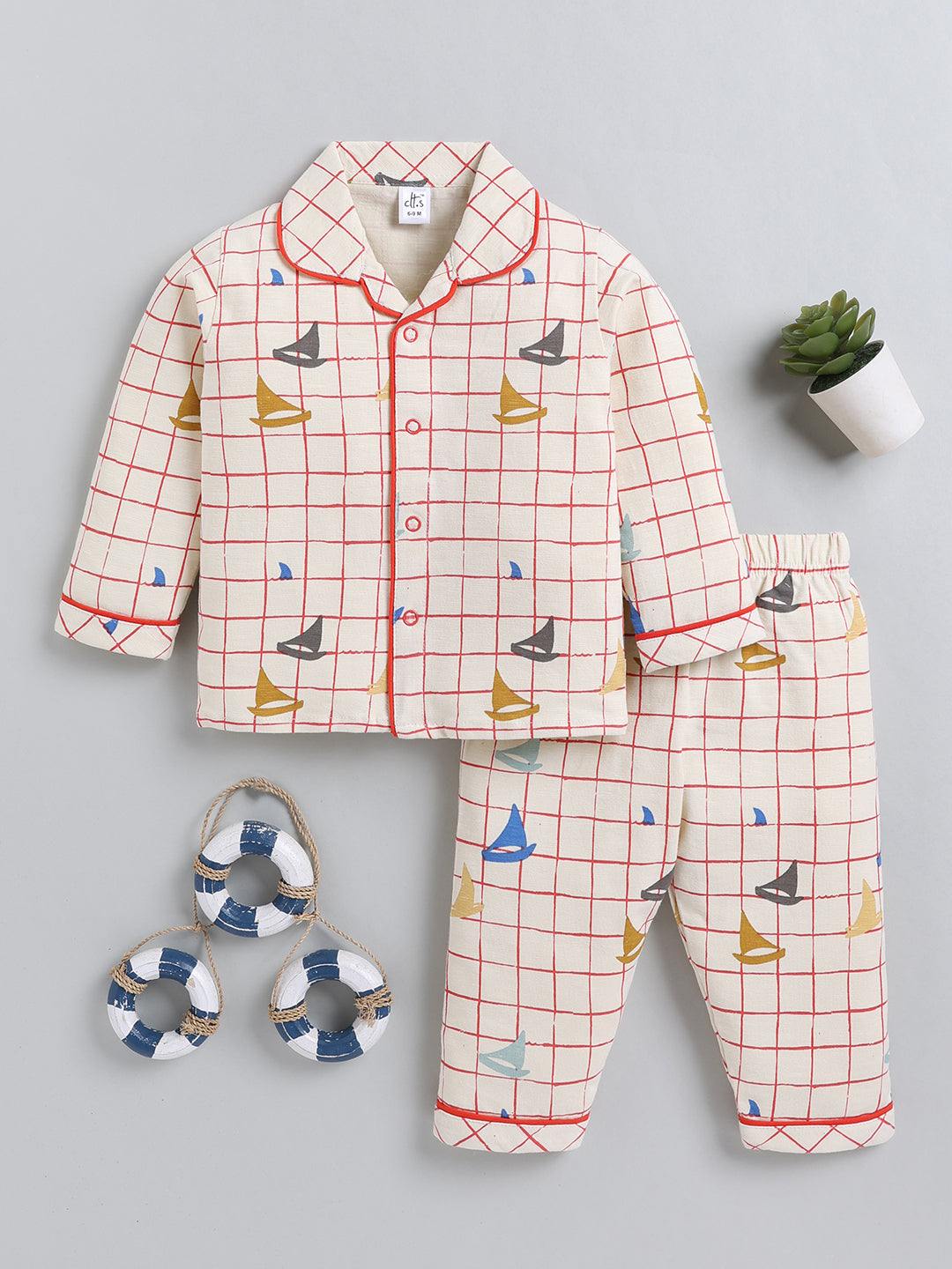 Cream Checked Cotton Full Sleeve Night Suit