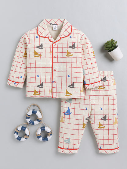Cream Checked Cotton Full Sleeve Night Suit