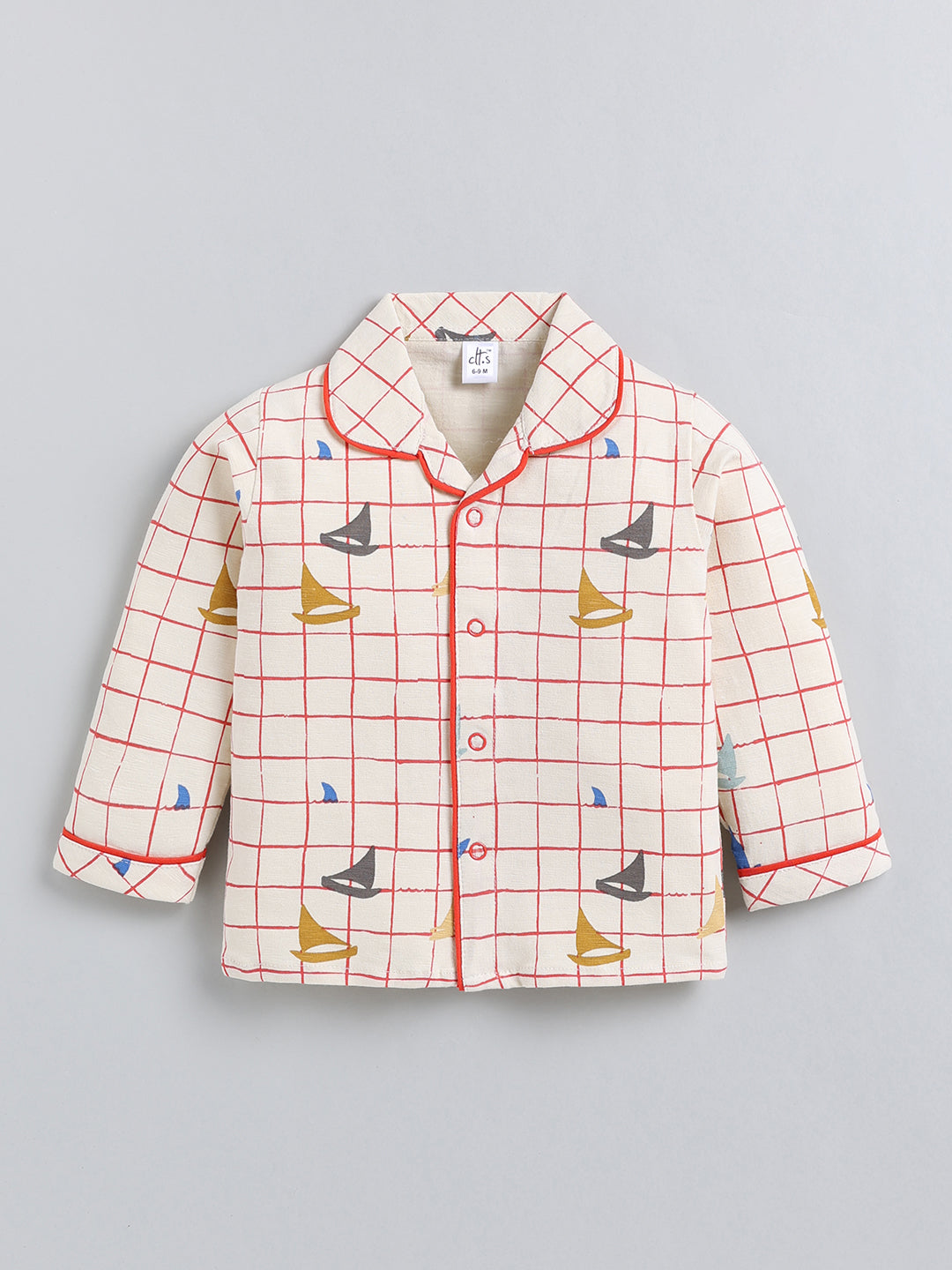 Cream Checked Cotton Full Sleeve Night Suit