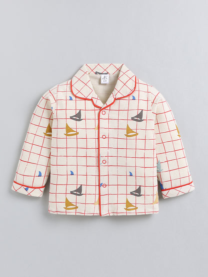 Cream Checked Cotton Full Sleeve Night Suit