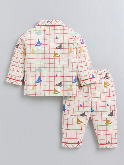 Cream Checked Cotton Full Sleeve Night Suit