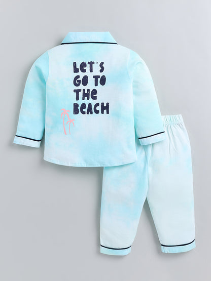 Blue Typography Cotton Full Sleeve Night Suit