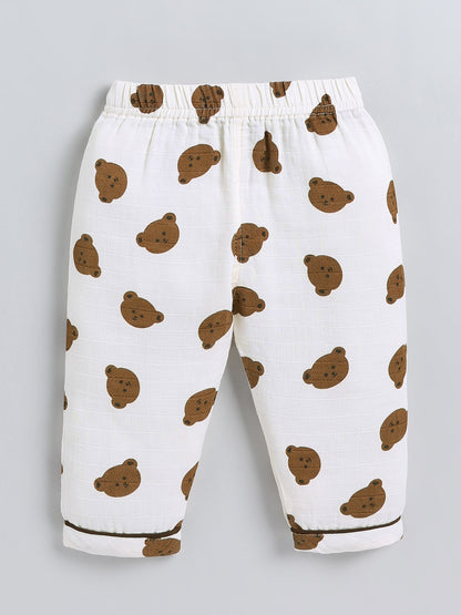 Cream Bear Print Cotton Full Sleeve Night Suit