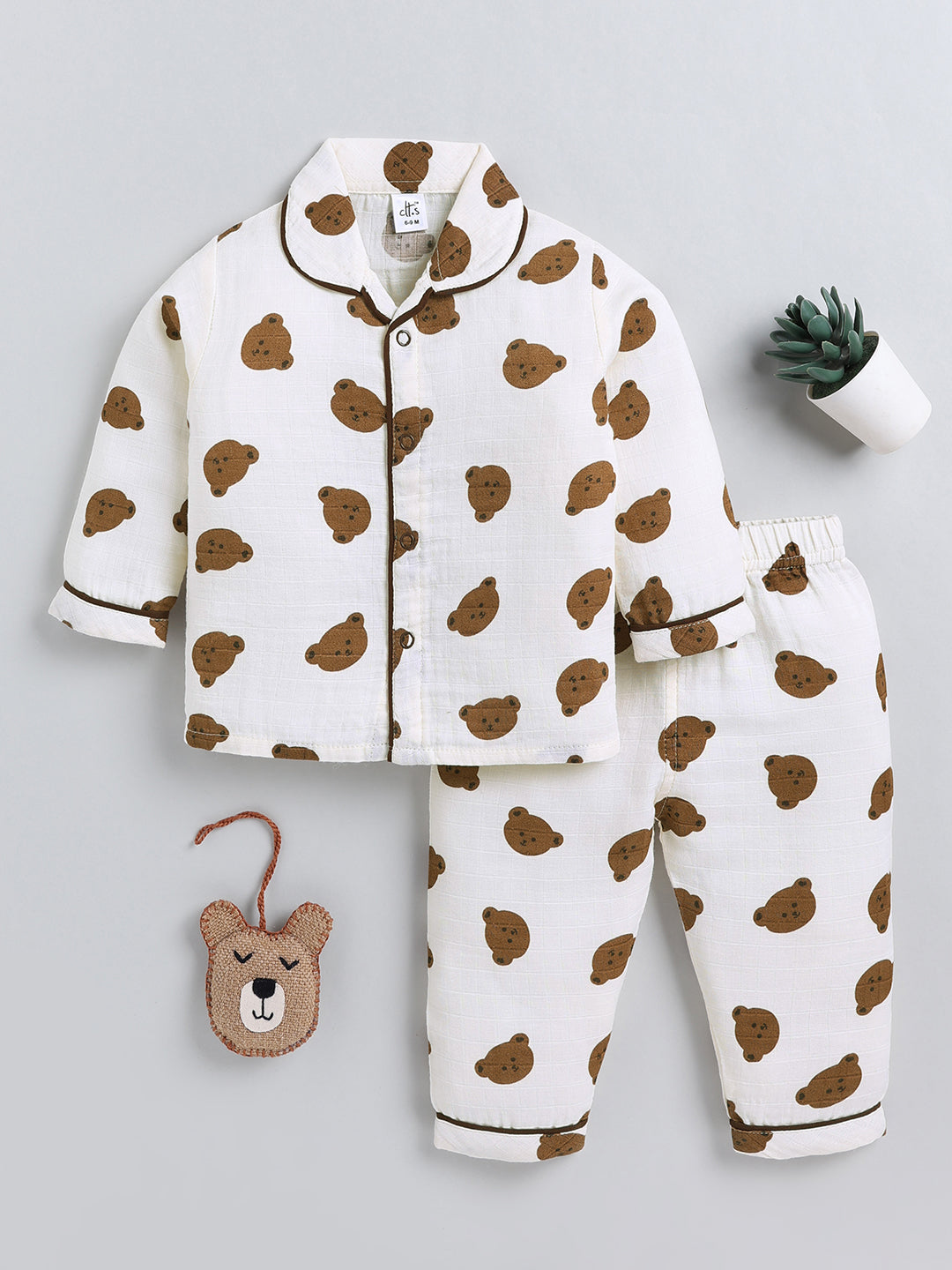 Cream Bear Print Cotton Full Sleeve Night Suit