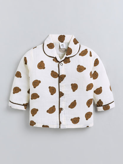 Cream Bear Print Cotton Full Sleeve Night Suit
