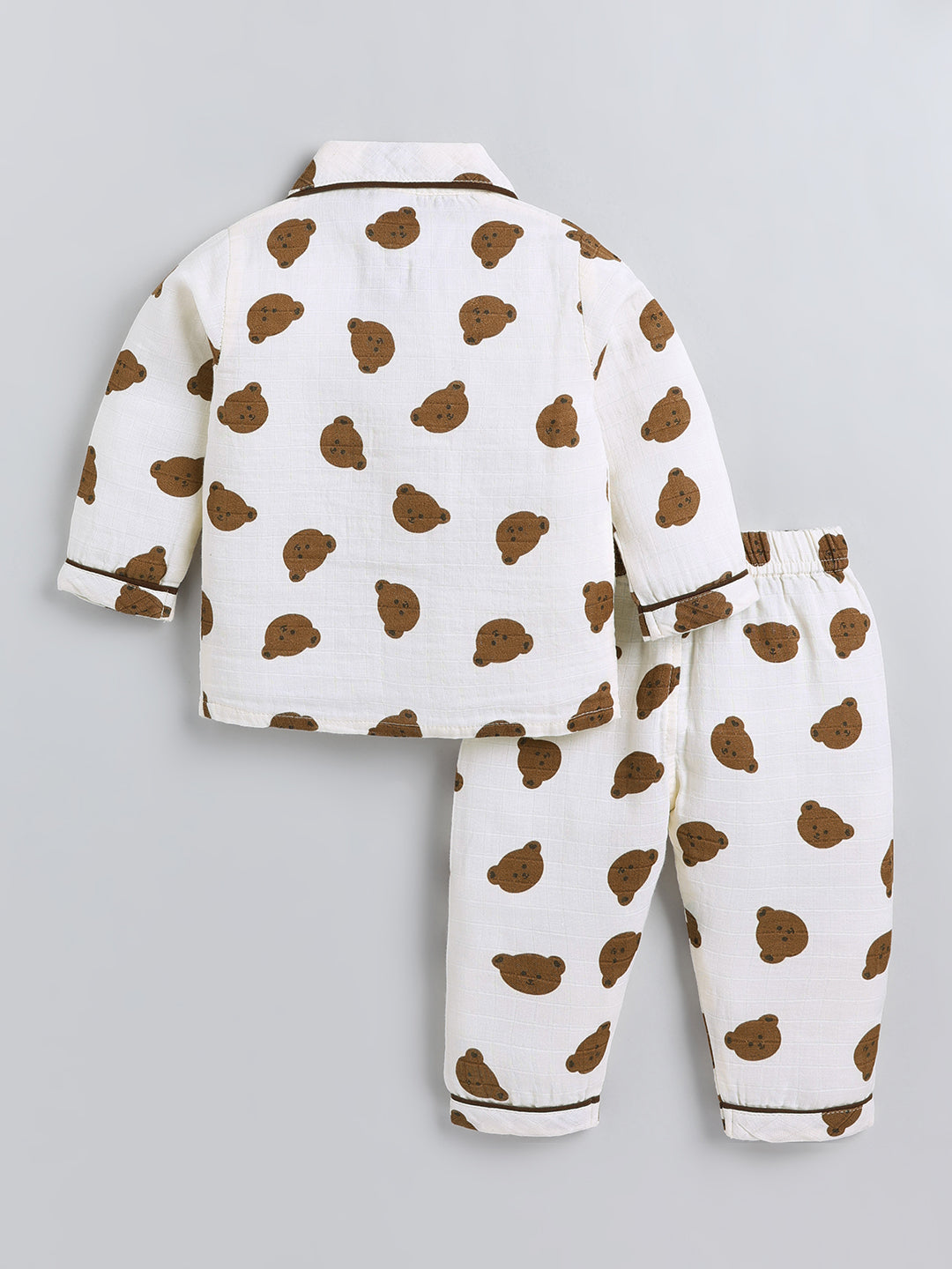 Cream Bear Print Cotton Full Sleeve Night Suit