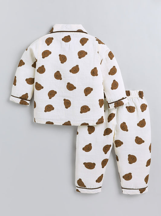Cream Bear Print Cotton Full Sleeve Night Suit