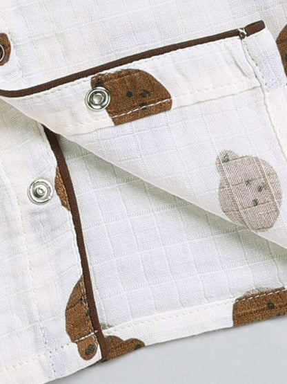 Cream Bear Print Cotton Full Sleeve Night Suit
