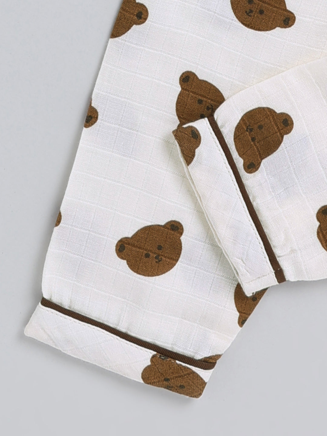 Cream Bear Print Cotton Full Sleeve Night Suit