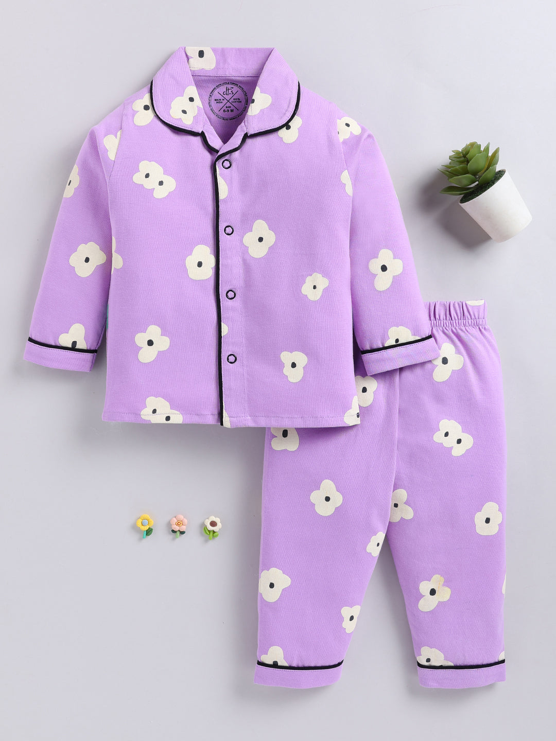 Purple Floral Cotton Full Sleeve Night Suit