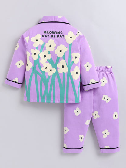 Purple Floral Cotton Full Sleeve Night Suit