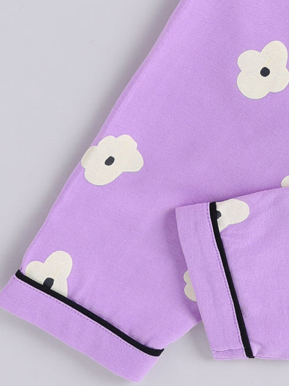 Purple Floral Cotton Full Sleeve Night Suit