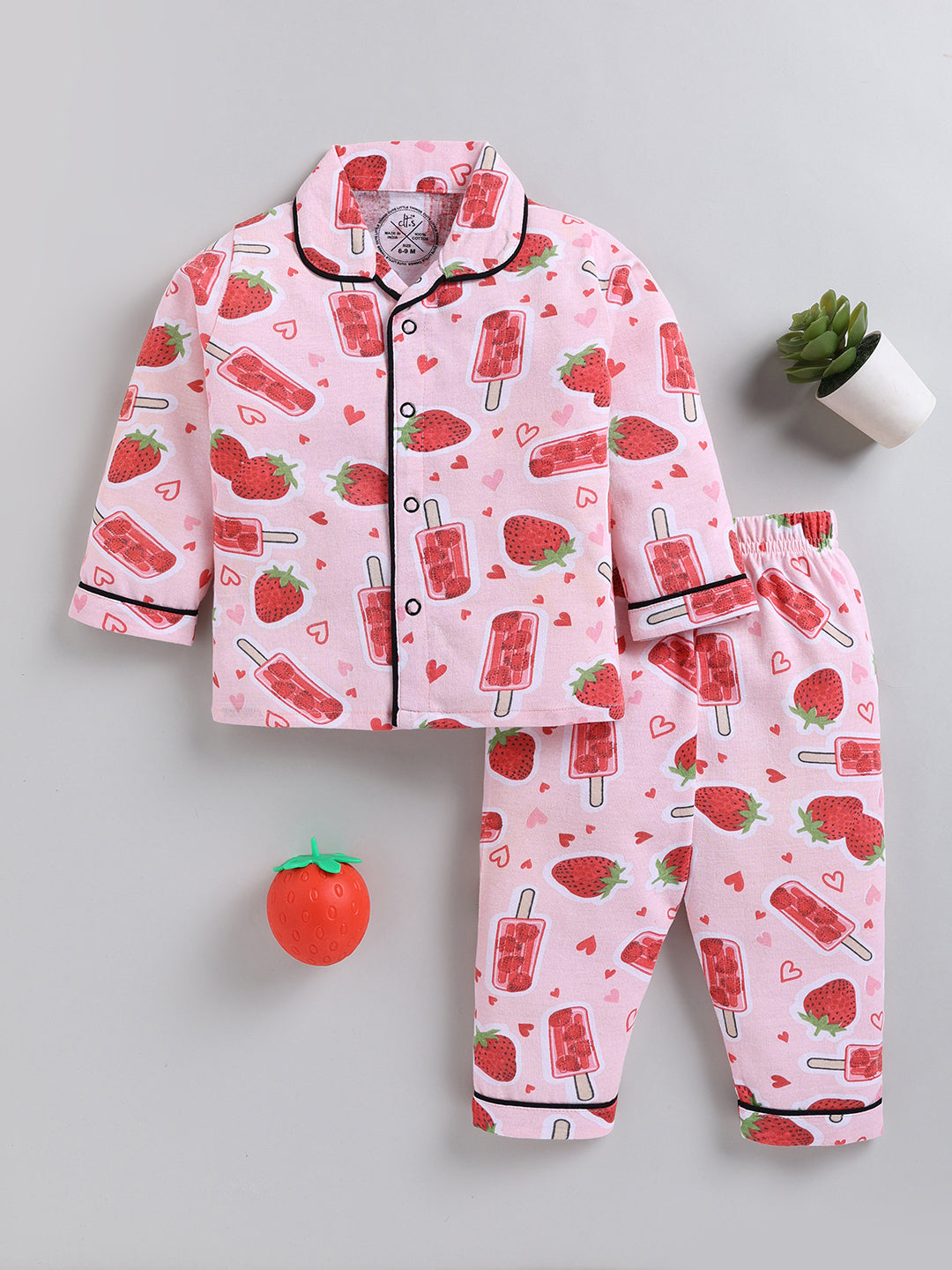 Pink Strawberry Print Cotton Full Sleeve Night Suit