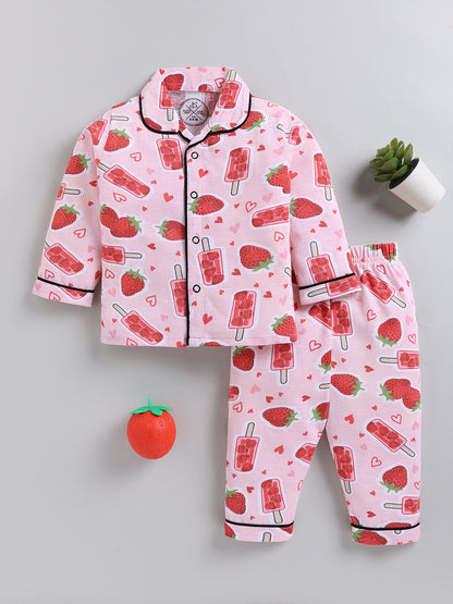 Pink Strawberry Print Cotton Full Sleeve Night Suit