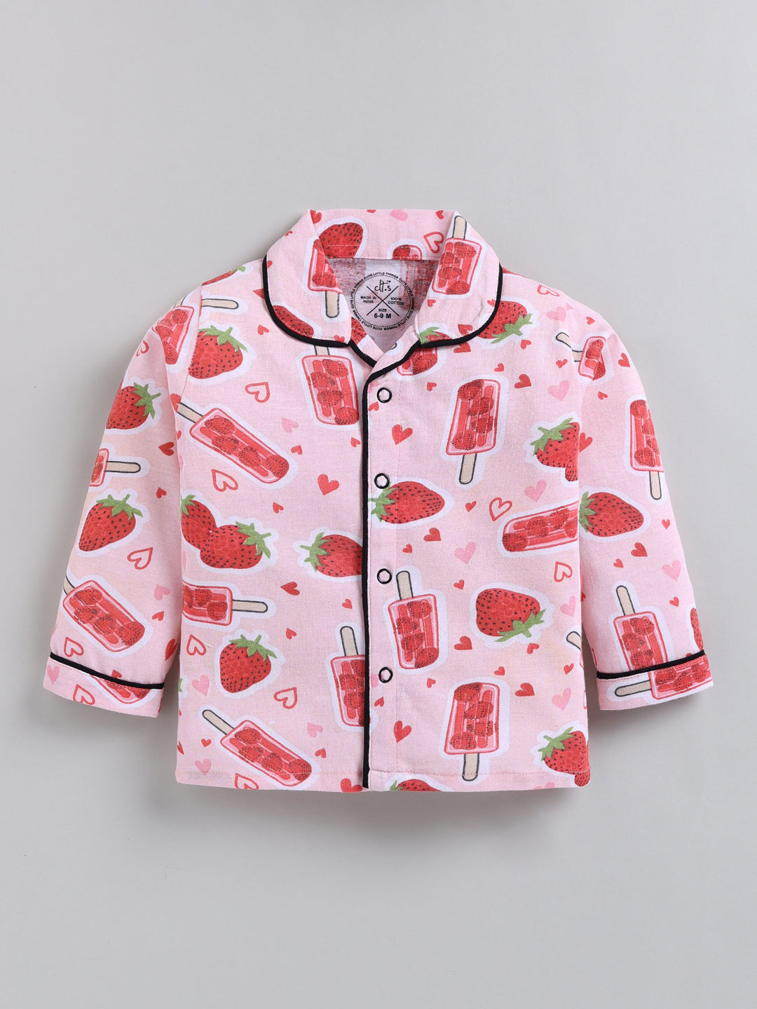 Pink Strawberry Print Cotton Full Sleeve Night Suit