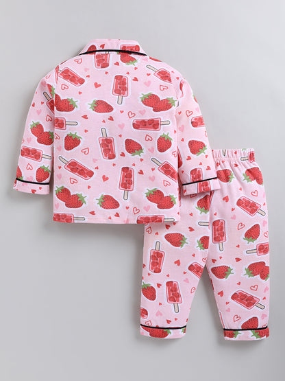 Pink Strawberry Print Cotton Full Sleeve Night Suit