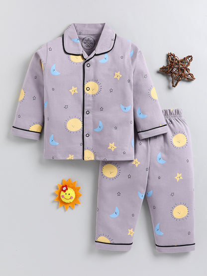Grey Typography Cotton Full Sleeve Night Suit