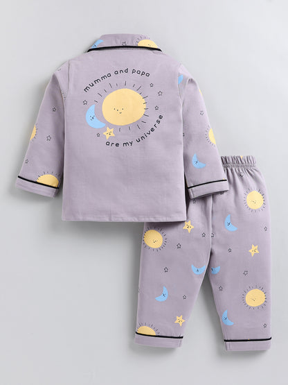 Grey Typography Cotton Full Sleeve Night Suit