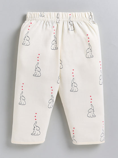 Cream Elephant Print Cotton Full Sleeve Night Suit