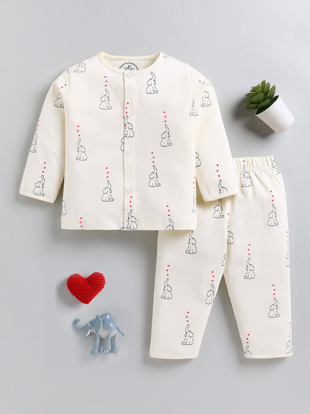 Cream Elephant Print Cotton Full Sleeve Night Suit