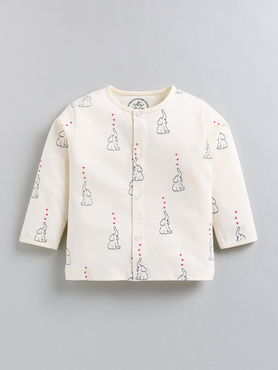 Cream Elephant Print Cotton Full Sleeve Night Suit