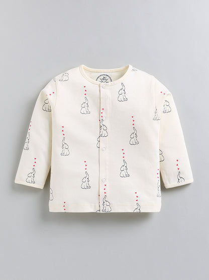 Cream Elephant Print Cotton Full Sleeve Night Suit