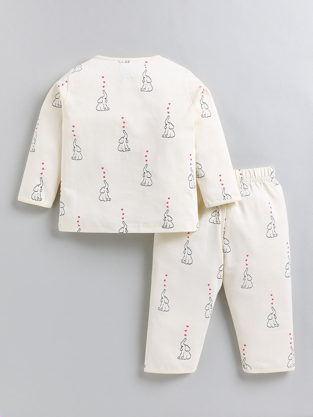 Cream Elephant Print Cotton Full Sleeve Night Suit