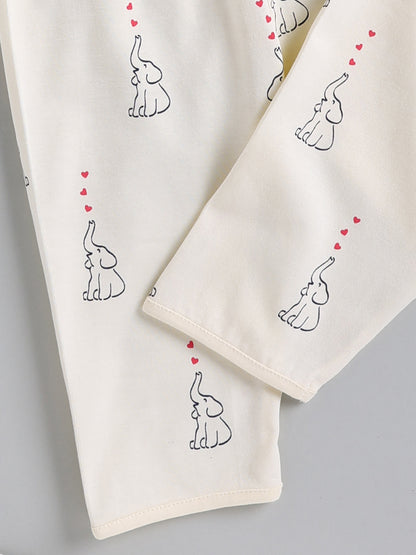 Cream Elephant Print Cotton Full Sleeve Night Suit