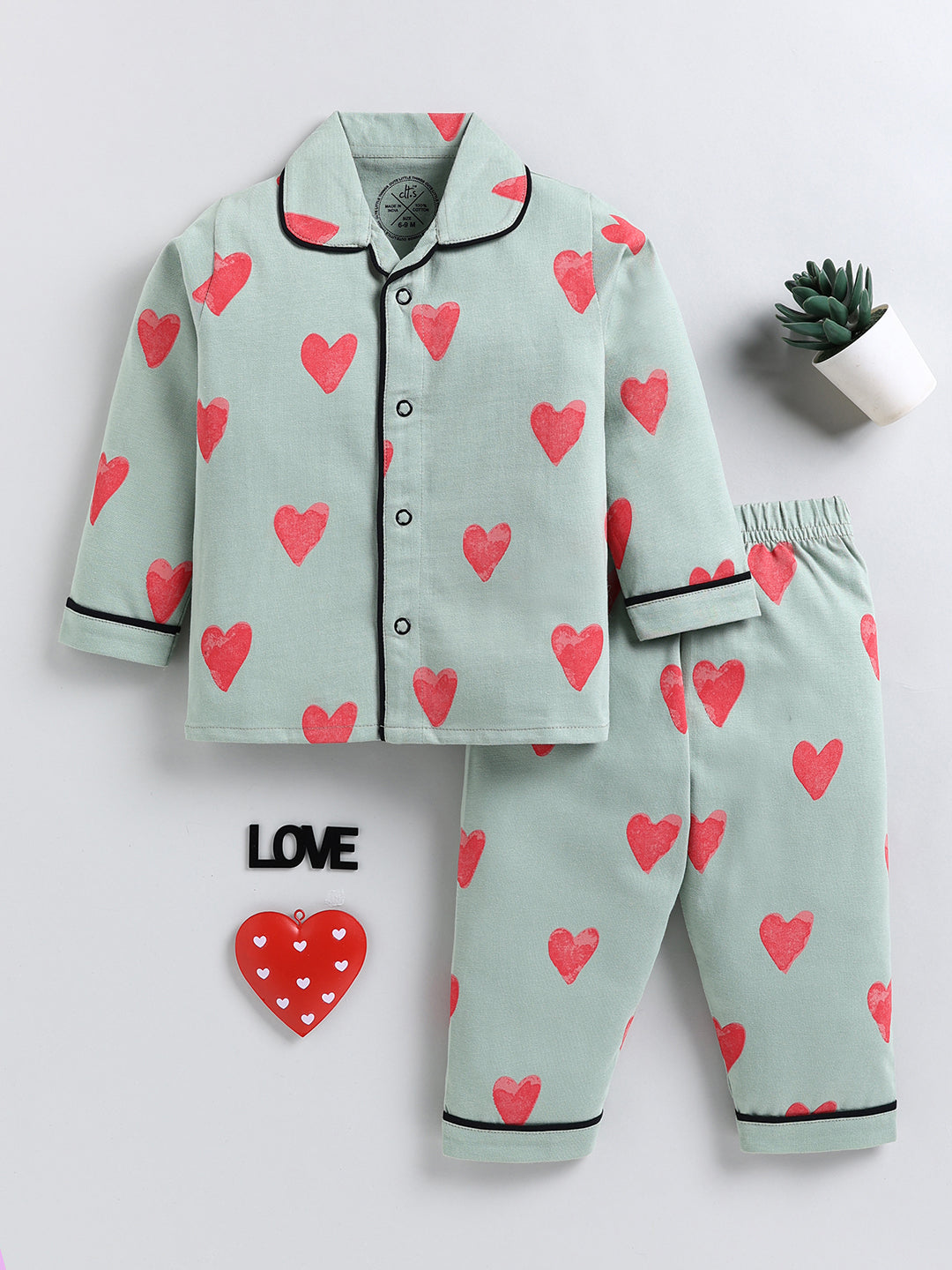 Green Typography Cotton Full Sleeve Night Suit