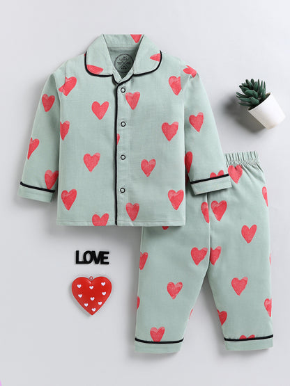 Green Typography Cotton Full Sleeve Night Suit