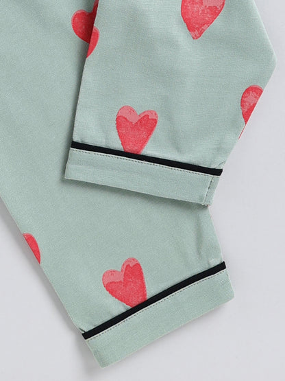 Green Typography Cotton Full Sleeve Night Suit