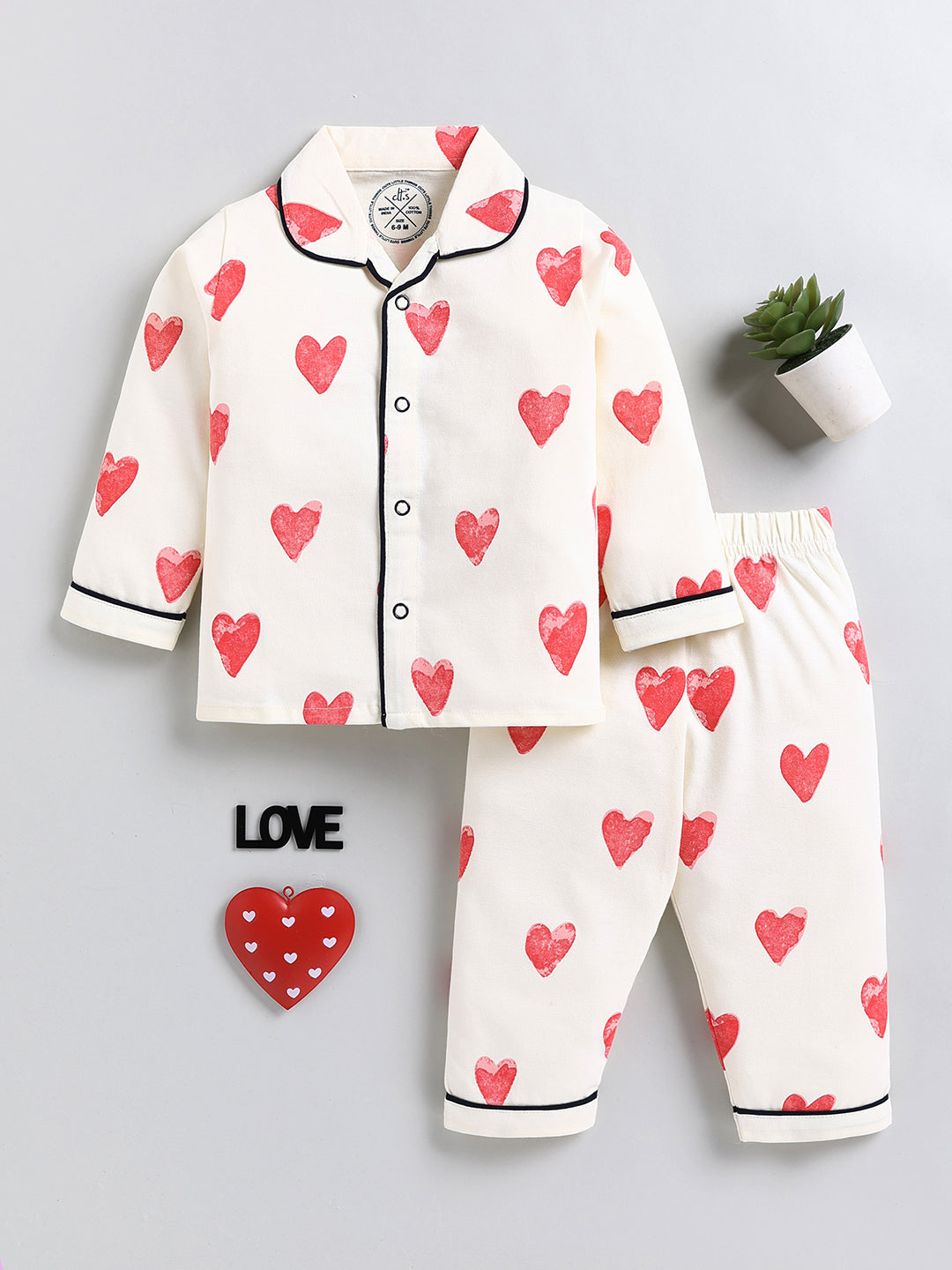 Cream Typography Cotton Full Sleeve Night Suit