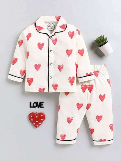 Cream Typography Cotton Full Sleeve Night Suit
