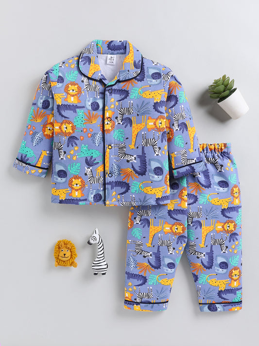 Blue Animal Print Cotton Full Sleeve Night Suit