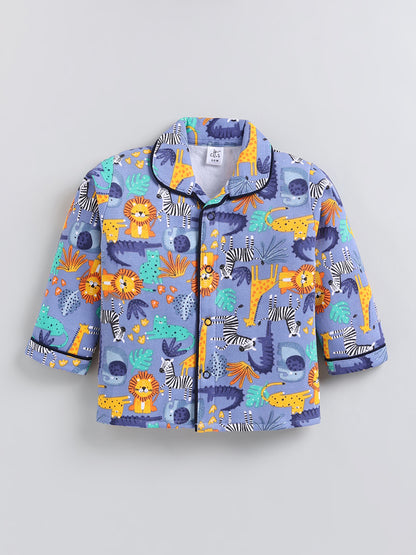 Blue Animal Print Cotton Full Sleeve Night Suit