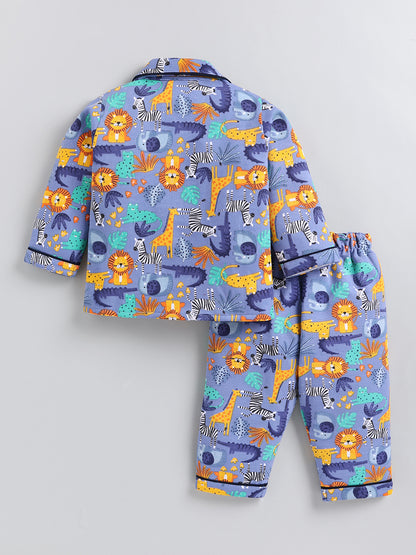 Blue Animal Print Cotton Full Sleeve Night Suit