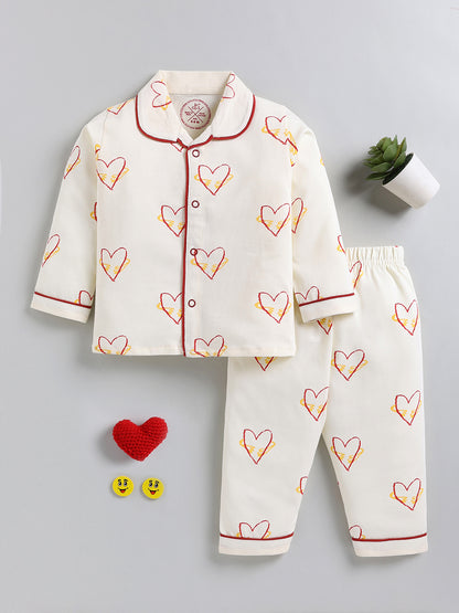 Cream Typography Cotton Full Sleeve Night Suit