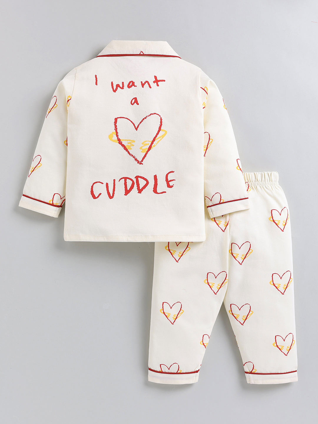 Cream Typography Cotton Full Sleeve Night Suit