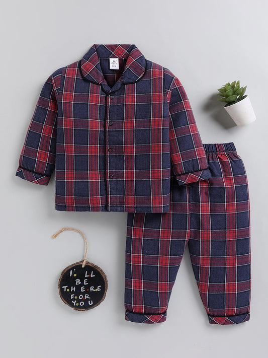 Blue Checked Cotton Full Sleeve Night Suit