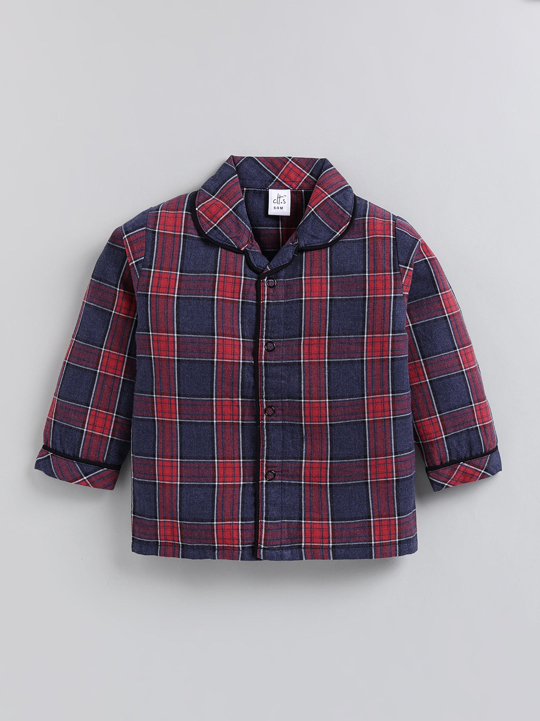 Blue Checked Cotton Full Sleeve Night Suit