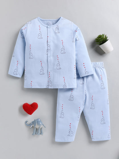 Blue Elephant Print Cotton Full Sleeve Night Suit