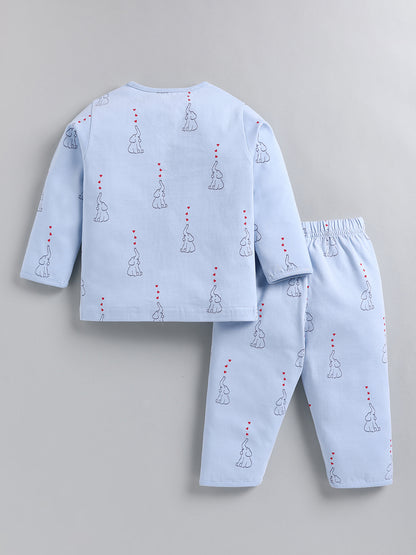Blue Elephant Print Cotton Full Sleeve Night Suit