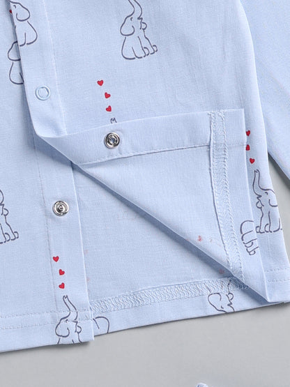 Blue Elephant Print Cotton Full Sleeve Night Suit