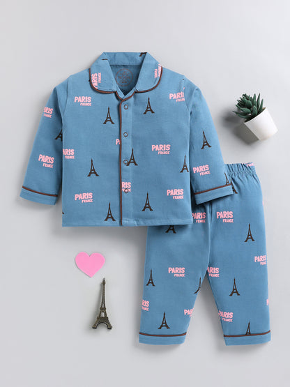 Blue Typography Cotton Full Sleeve Night Suit