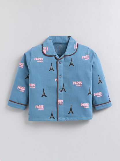Blue Typography Cotton Full Sleeve Night Suit