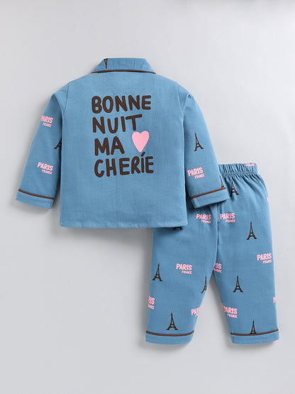 Blue Typography Cotton Full Sleeve Night Suit