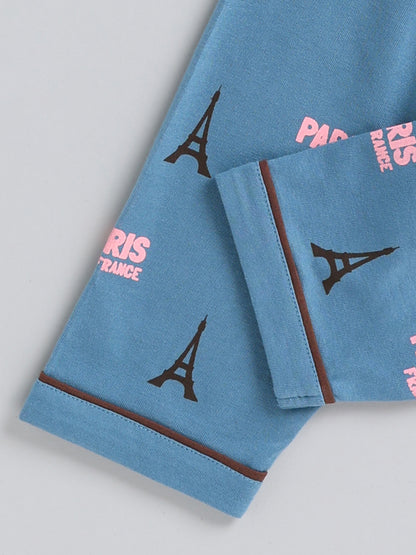 Blue Typography Cotton Full Sleeve Night Suit